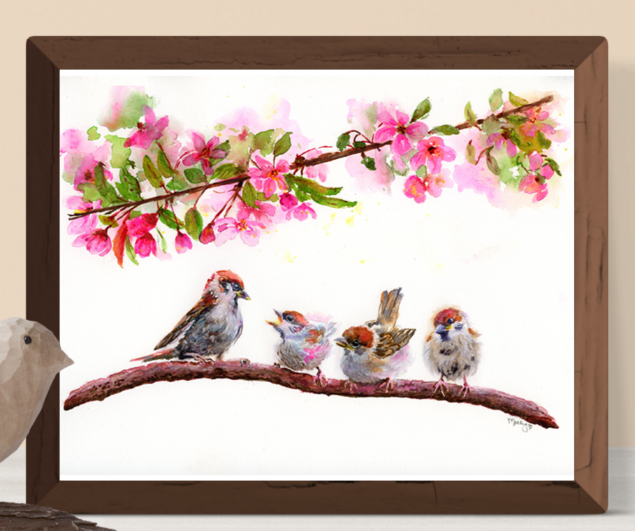 "Feed Me Mom" Birds on a Branch Watercolor Giclée Art Print by Molly's Fine Art