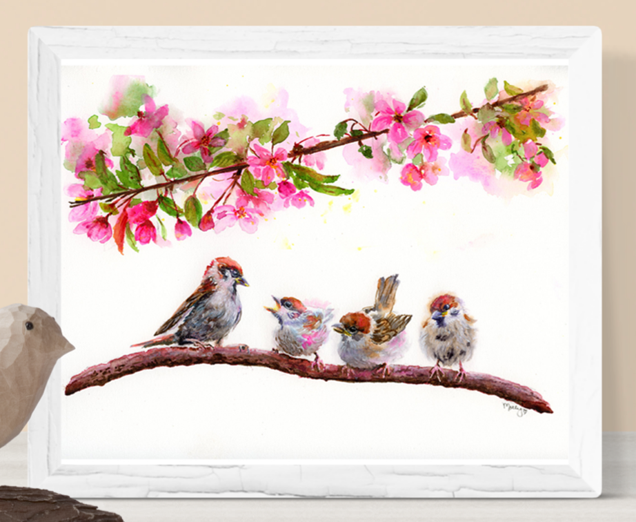 "Feed Me Mom" Birds on a Branch Watercolor Giclée Art Print by Molly's Fine Art