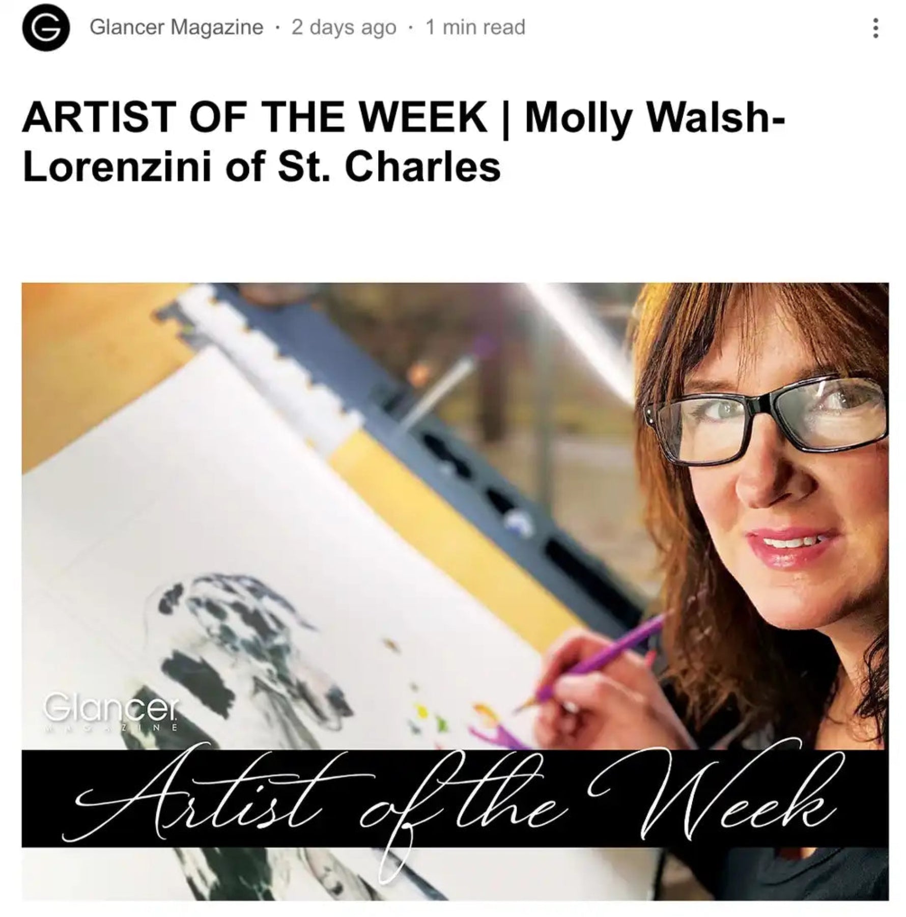 Article about Molly Walsh-Lorenzini of Molly's Fine Art being 'Artist of the Week' with a close-up of her painting.