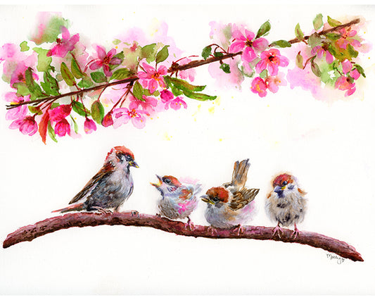 "Feed Me Mom" Birds on a Branch Watercolor Giclée Art Print by Molly's Fine Art