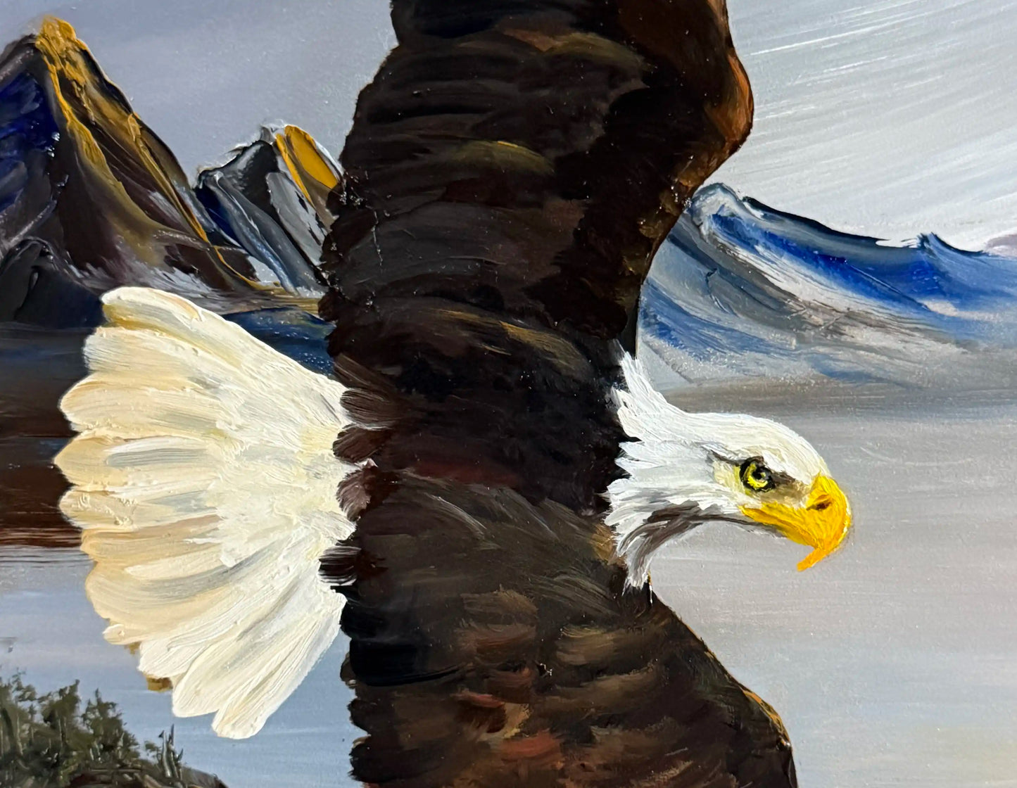 Painting of an eagle with a mountainous landscape in the background Molly's Fine Art