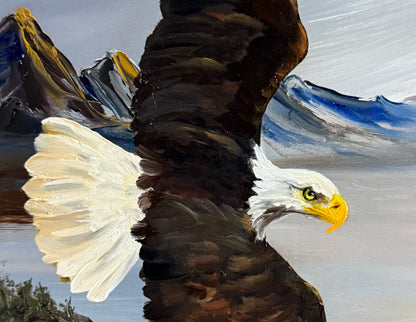 Painting of an eagle with a mountainous landscape in the background Molly's Fine Art