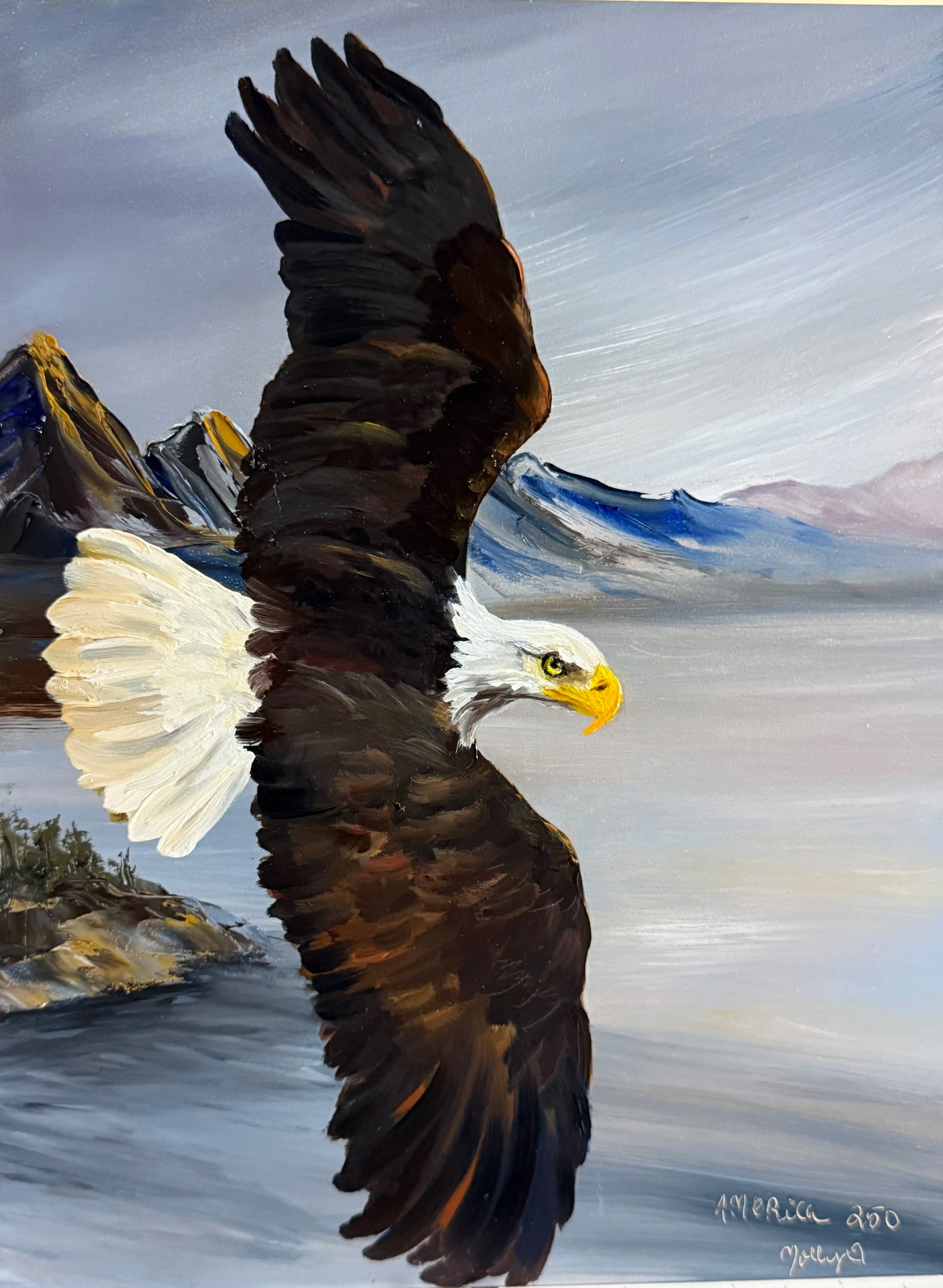 Original Oil Painting of a bald eagle flying over a mountainous landscape with water. Molly's Fine Art